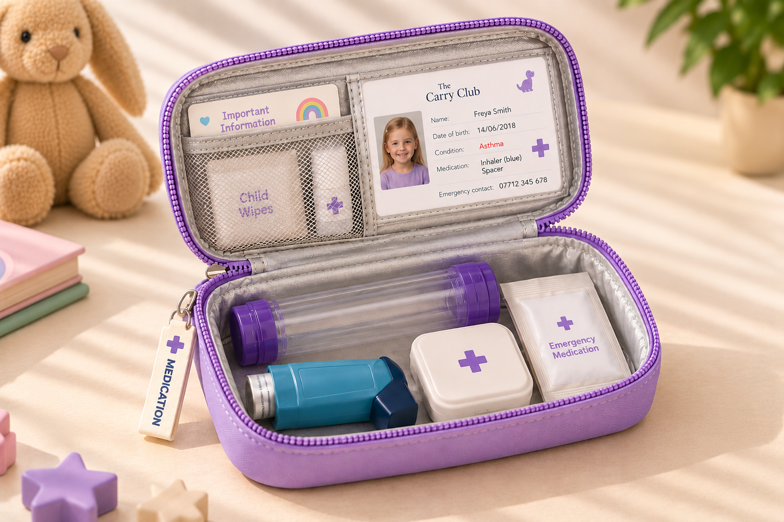 The Carry Club Lavender Kids Emergency Medication Case open, showing treatment information, mesh storage and its spacious compartment