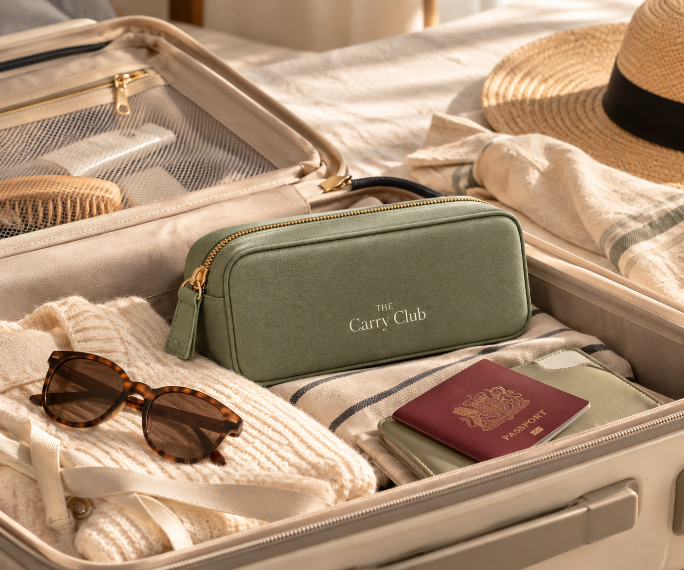 The Carry Club Sage Everyday Organiser packed inside an open cream suitcase with clothing and travel essentials